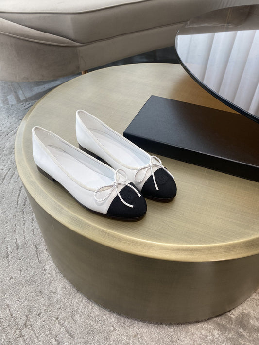 BALLET FLATS WHITE BLACK LAMBSKIN CANVAS - 35
