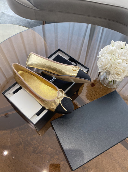 BALLET FLATS GOLD BLACK LAMBSKIN CANVAS - 35