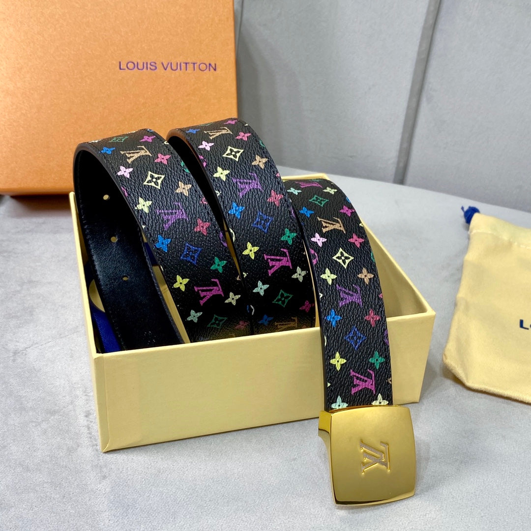 LV 35 MM BELT MULTICOLOR MIX BLACK MONOGRAM CALFSKIN GOLD HARDWARE - 30