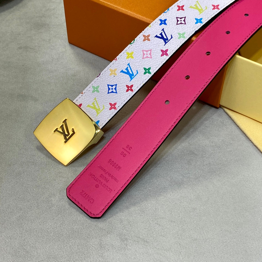 LV 35 MM BELT MULTICOLOR WHITE MIX LIGHT PINK MONOGRAM CALFSKIN GOLD HARDWARE - 30