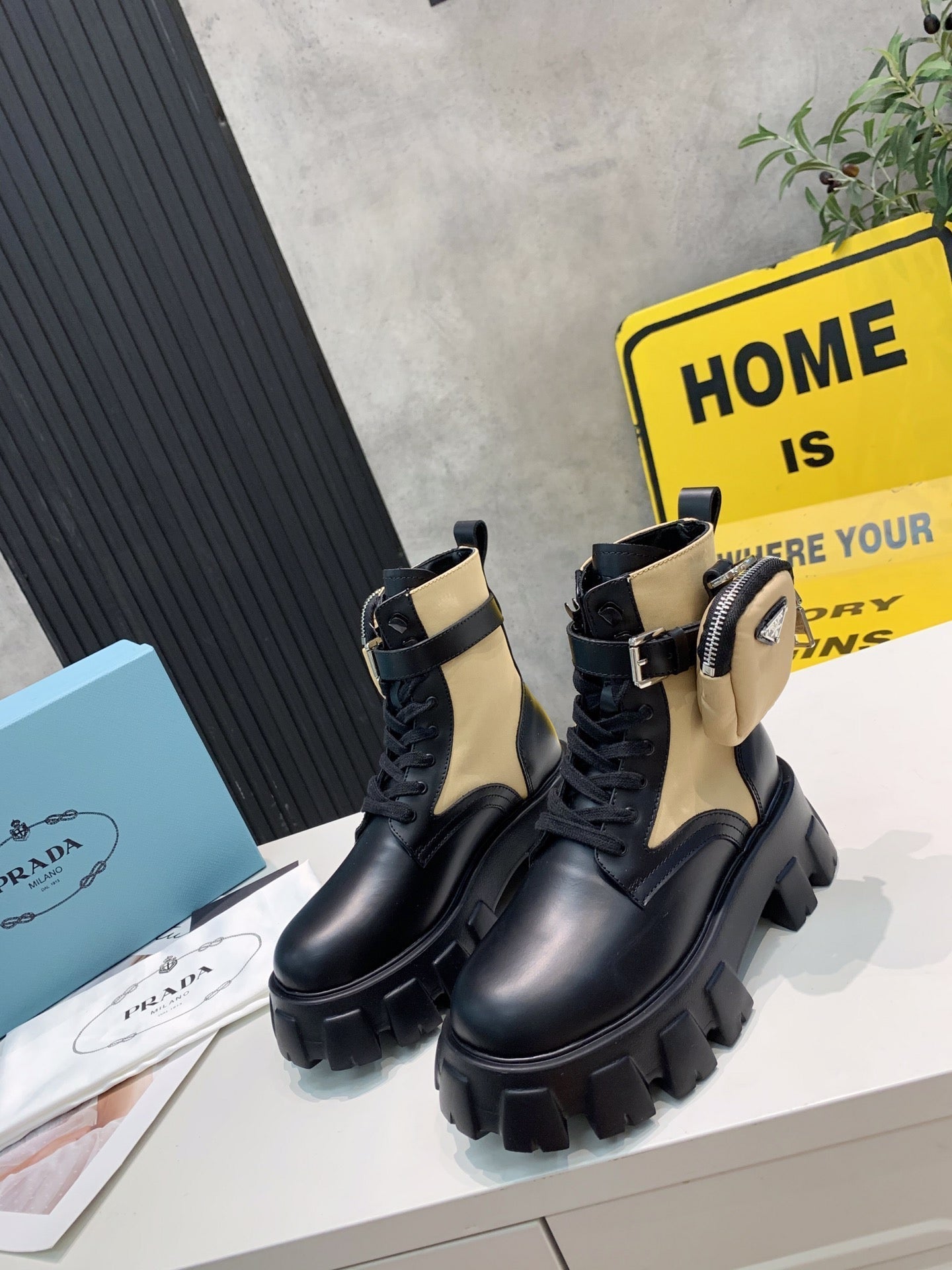 PRADA 25S MONOLITH BRUSHED AND RE NYLON BOOTS WITH POUCH BLACK AND MUTED OLIVE - 35