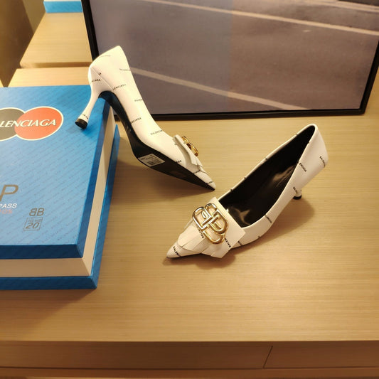 POINTED TOE PUMPS WHITE WITH LOGO PRINT SMOOTH CALFSKIN - 34