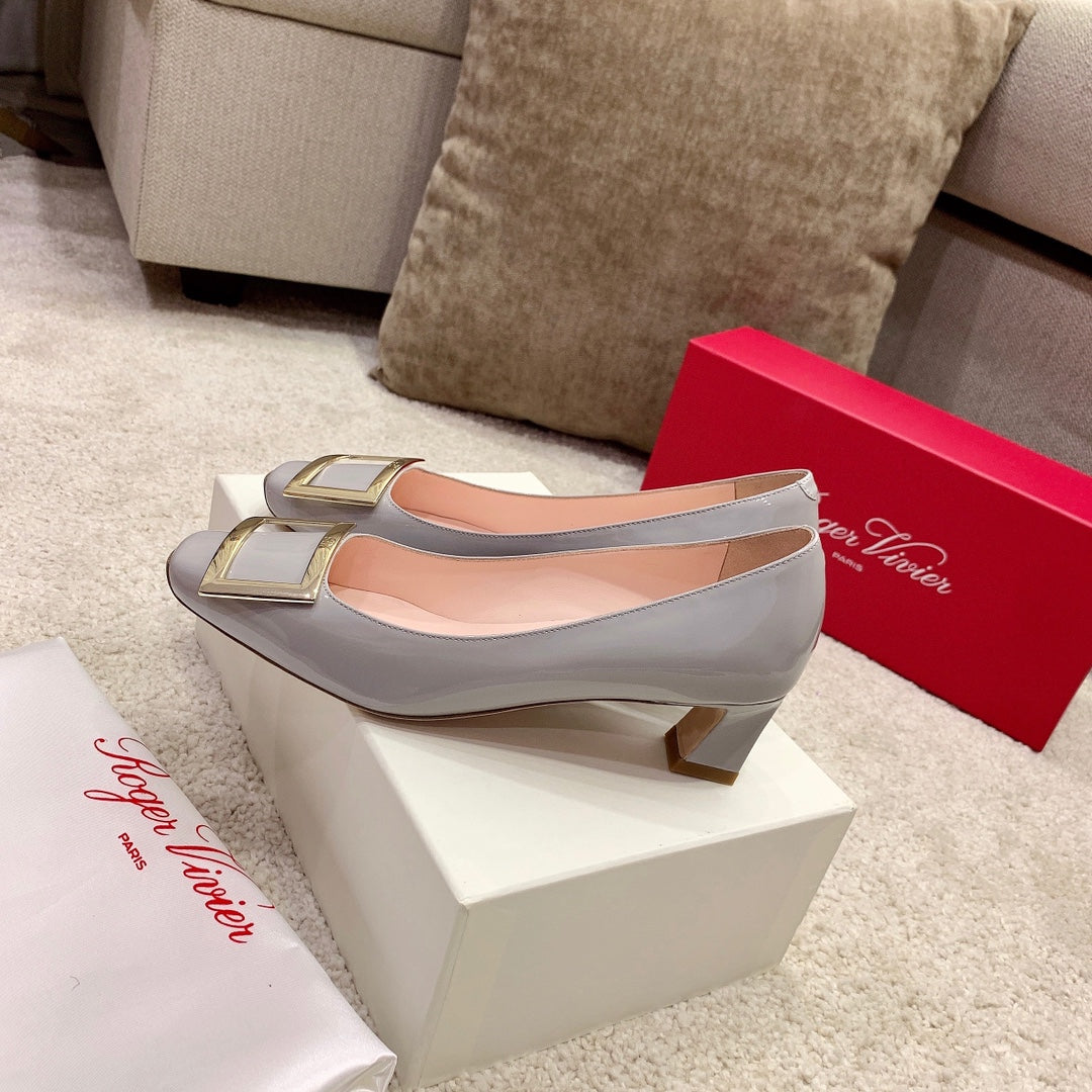 BELLE VIVIER PUMPS IN LIGHT GREY GLOSSY CALFSKIN GOLD BUCKLE - 34