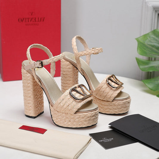 VLTN ESPADRILLE WEDGE SANDALS 25S 130 MM IN BEIGE RAFFIA WITH GOLD HARDWARE - 35