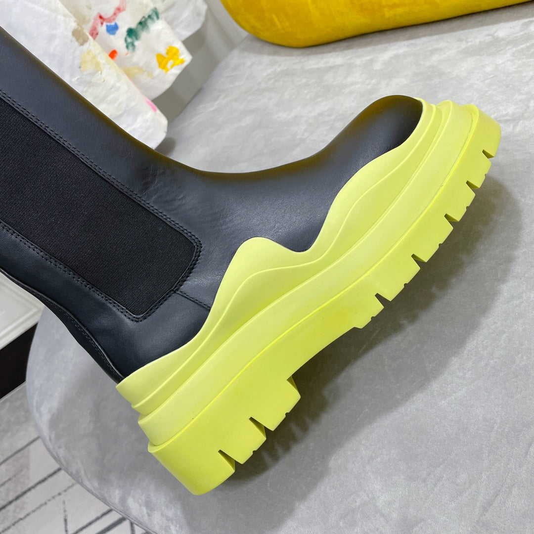 TIRE CHELSEA BOOT IN BLACK MIX NEON YELLOW CALFSKIN - 35 / Ankle Boots