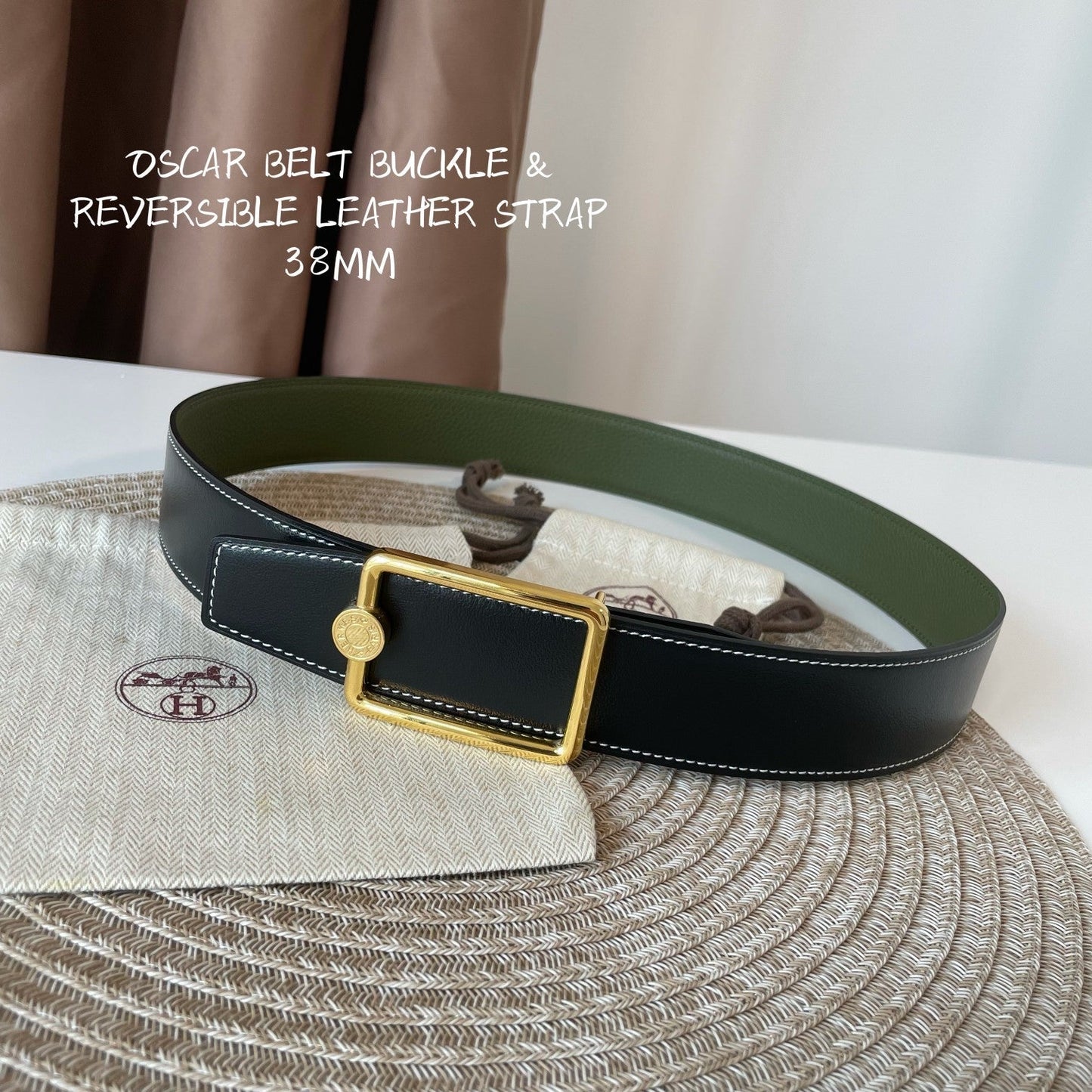 OSCAR BELT BUCKLE & REVERSIBLE OLIVE GREEN LEATHER STRAP 38MM GOLD HARDWARE - 30
