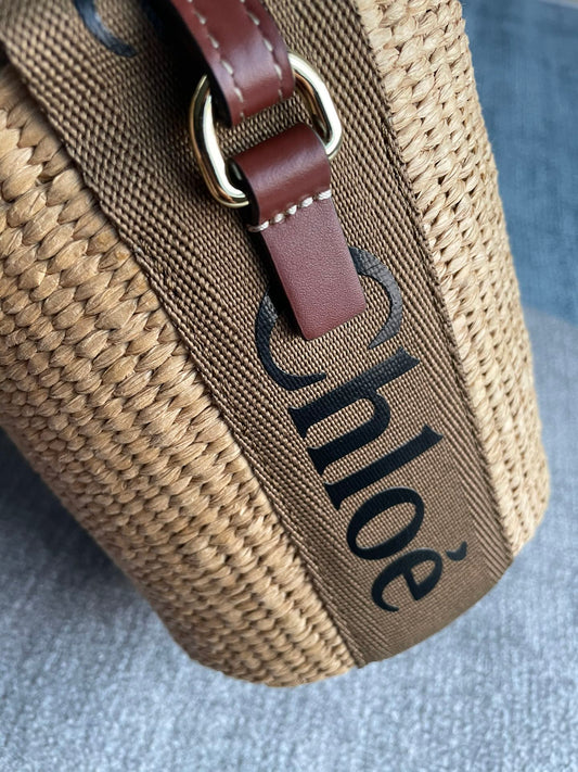 SMALL WOODY BASKET 17 IN NATURAL FIBERS BROWN WEBBING DARK BROWN CALFSKIN