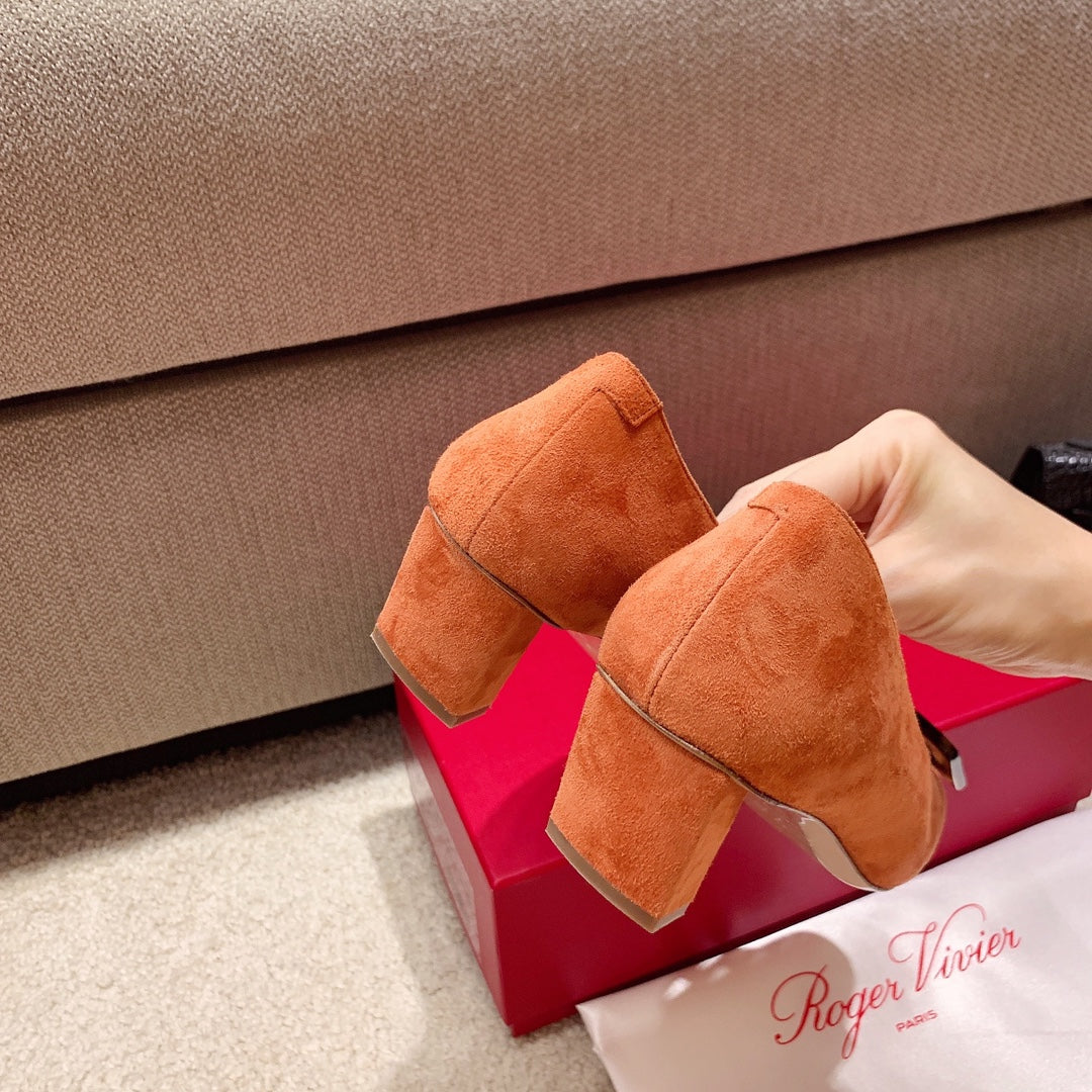 BELLE VIVIER PUMPS IN TAN ORANGE SUEDE TORTOISESHELL BUCKLE - 34