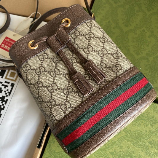 МІНІ-СУМКА-ВІДРО OPHIDIA 18 З ПАВУТИНКОЮ З КАНВИ BEIGE EBONY ТА ШКІРИ ТЕЛЯТИ КОРИЧНЕВОГО КОЛЬОРУ