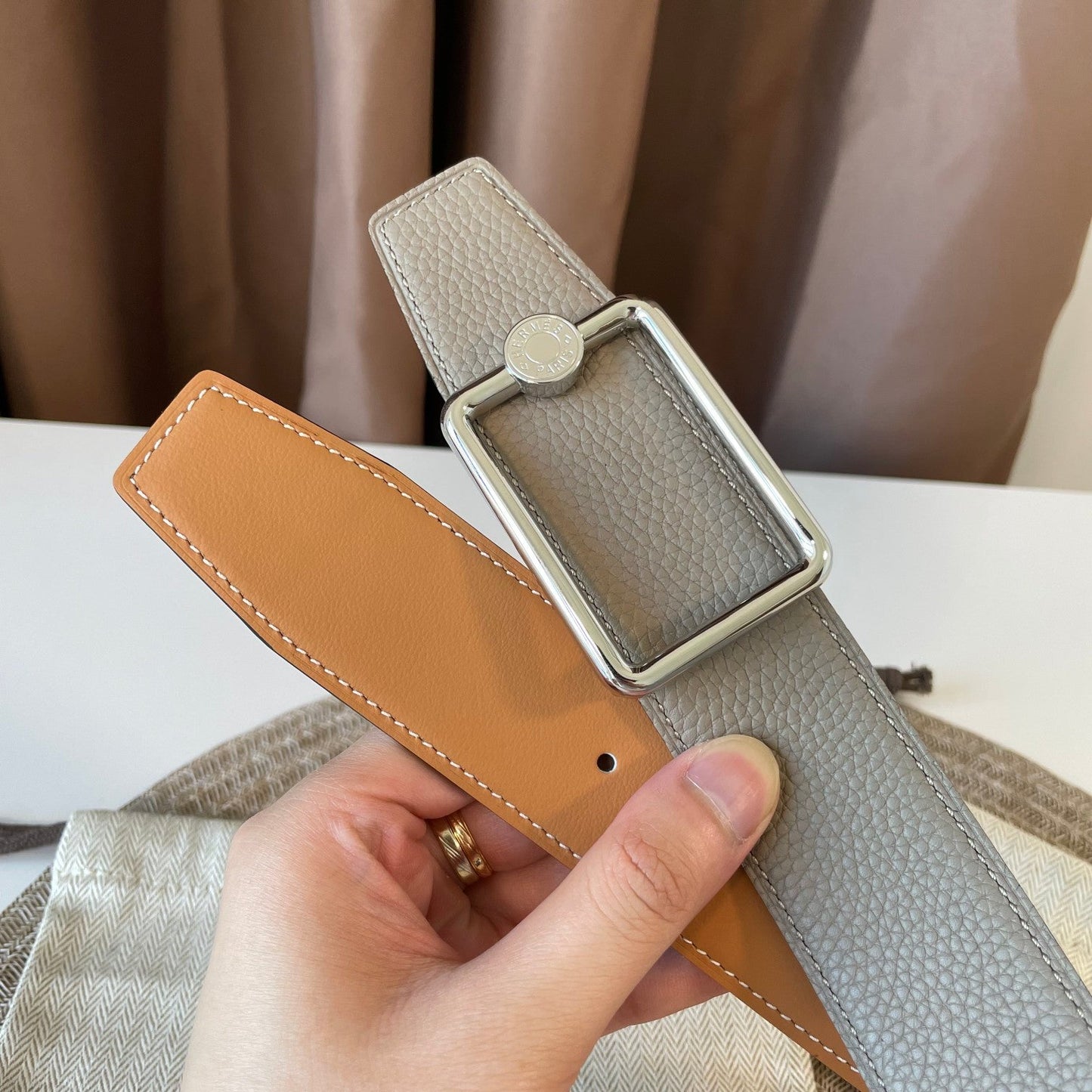 OSCAR BELT BUCKLE & REVERSIBLE KHAKI BROWN AND ORANGE LEATHER STRAP 38MM SILVER HARDWARE - 30