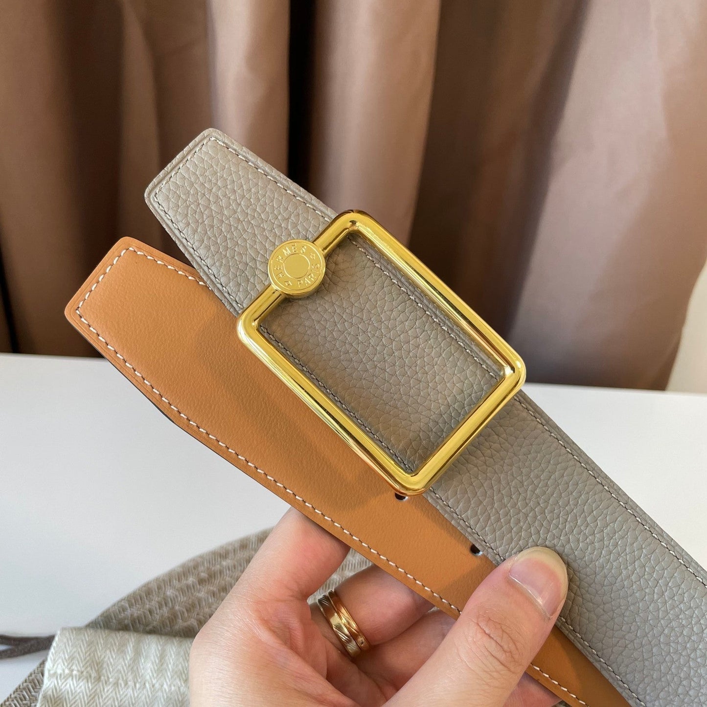 OSCAR BELT BUCKLE & REVERSIBLE KHAKI BROWN AND ORANGE LEATHER STRAP 38MM GOLD HARDWARE - 30