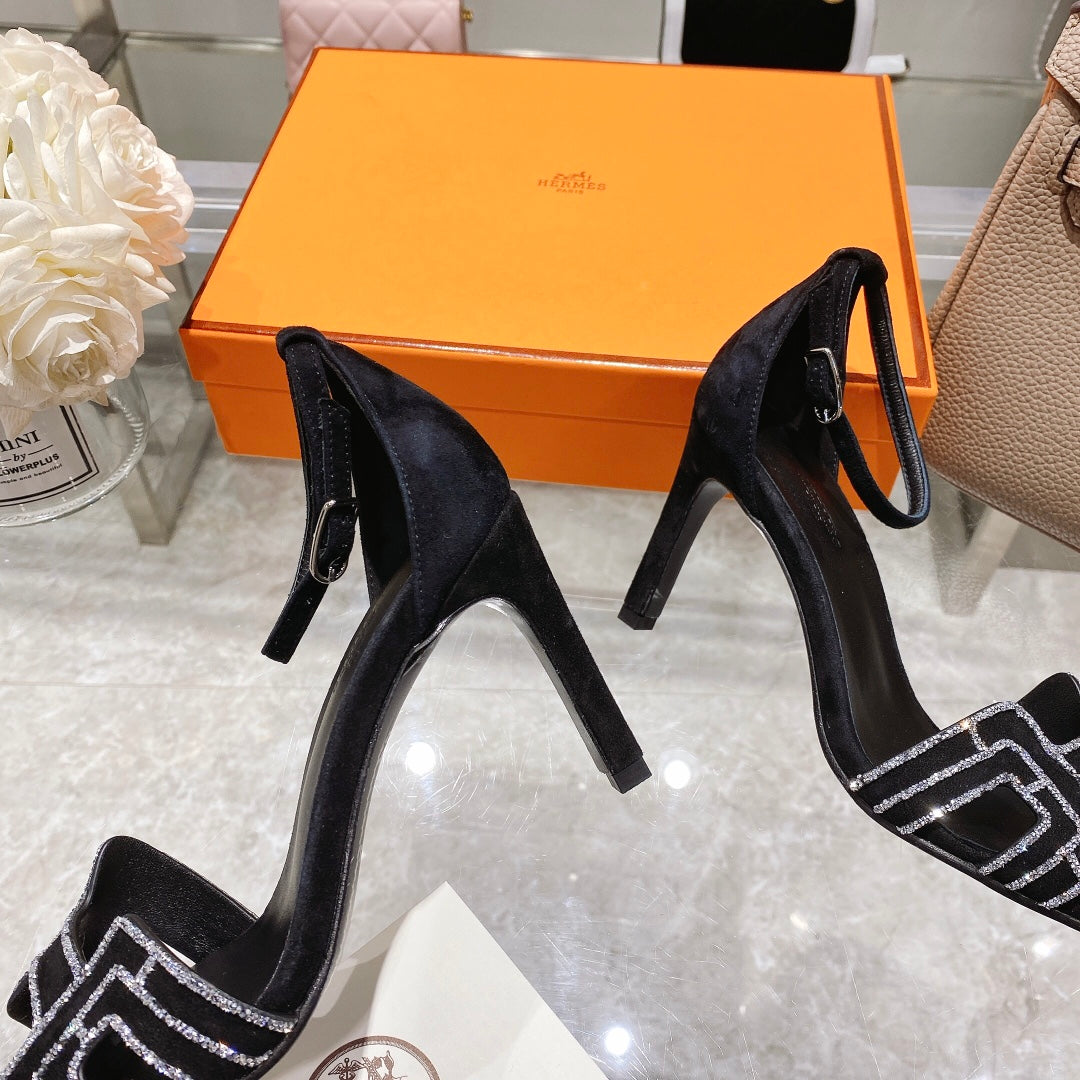 PREMIERE 90 SANDAL IN BLACK SUEDE WITH RHINSTONES - 35