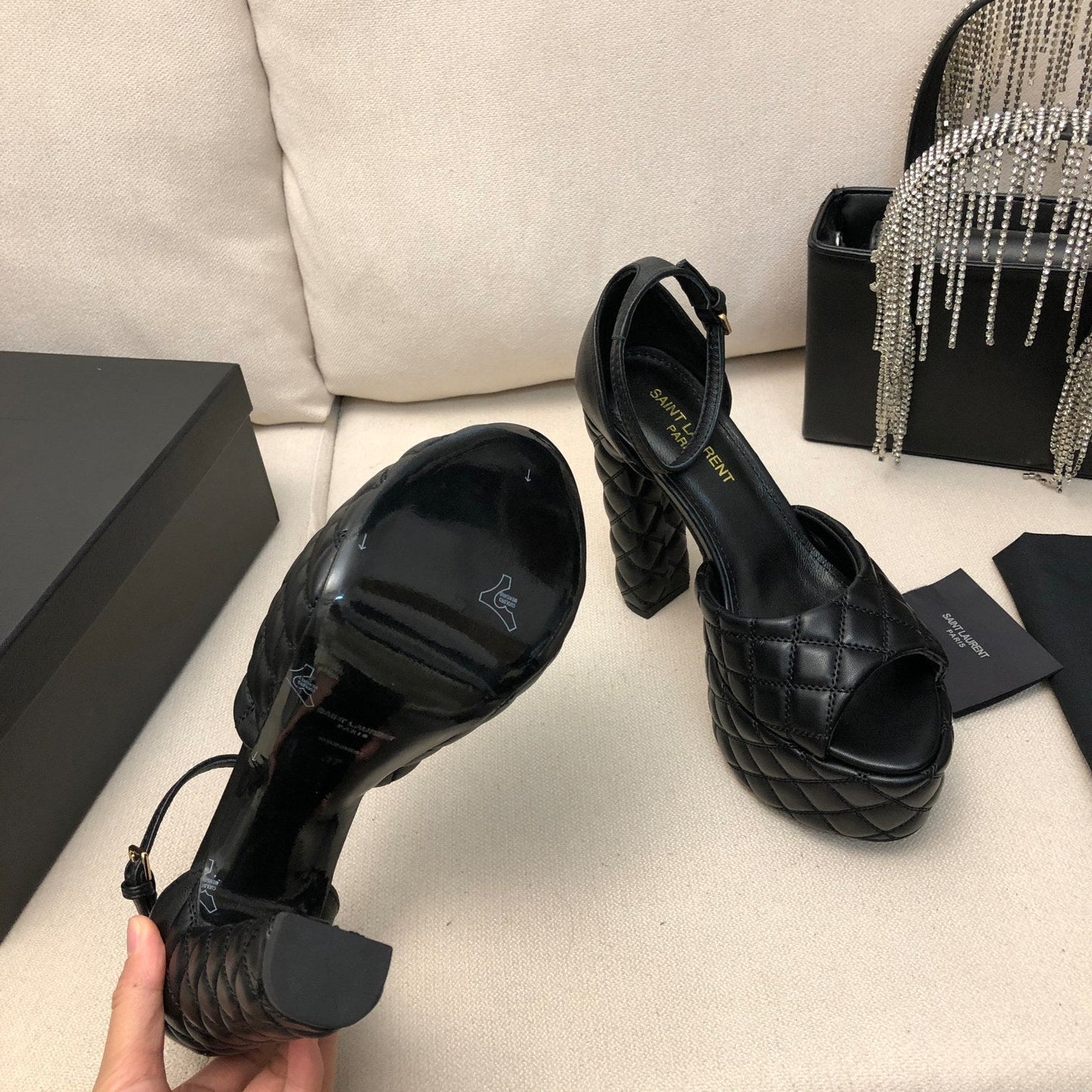 SL JODIE 135 PLATFORM SANDALS BLACK EMBOSSED CALFSKIN - 34