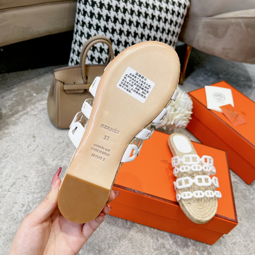 STRAW SOLE SLIPPERS WHITE LAMBSKIN - 35