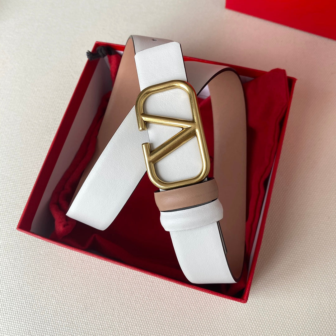 REVERSIBLE VLOGO SIGNATURE BELT IN GLOSSY BEIGE WHITE CALFSKIN GHW 30 MM - 30