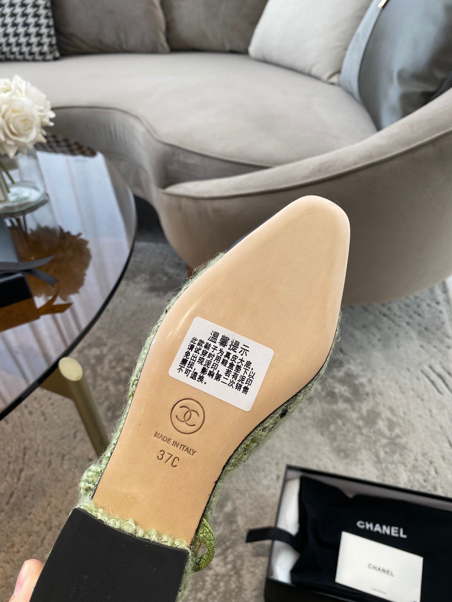 SLINGBACKS IN LIGHT GREEN FABRIC AND BLACK CALFSKIN - 35