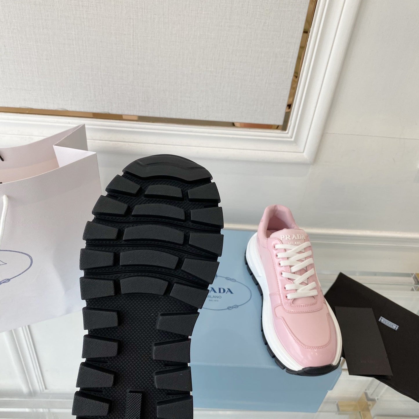 PRADA 25S THICK SOLE SNEAKER IN LIGHT PINK CALFSKIN AND CANVAS - 34