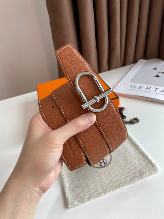 HM ITHAQUE BELT SILVER BUCKLE & REVERSIBLE CINNAMON BROWN AND BLACK LEATHER STRAP 38MM - 30