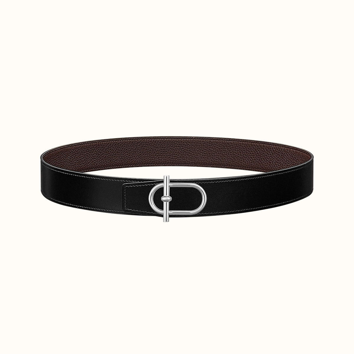 HM ITHAQUE BELT SILVER BUCKLE & REVERSIBLE CHOCOLATE BROWN AND BLACK LEATHER STRAP 38MM - 30