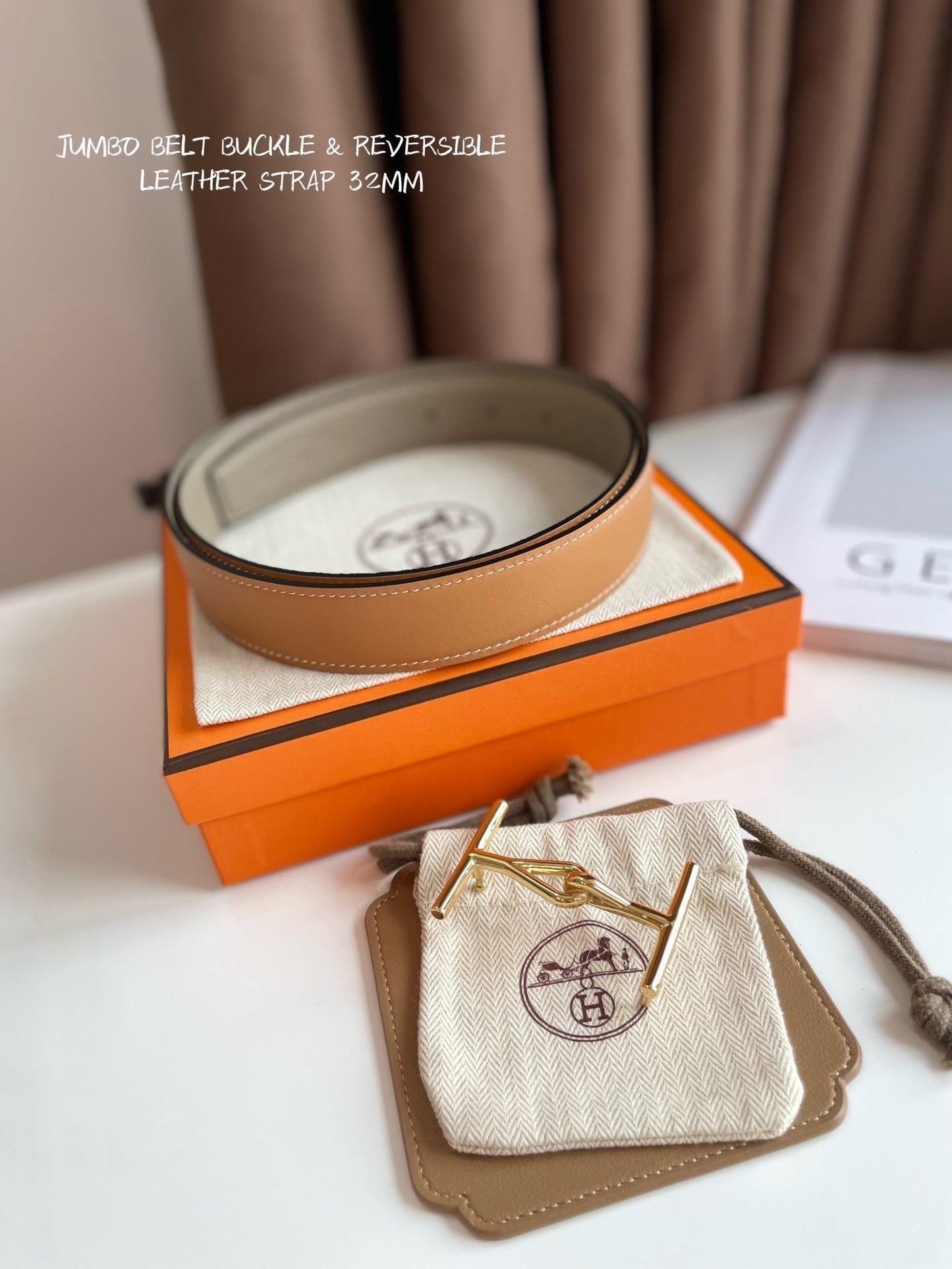 JUMBO BELT GOLD BUCKLE & REVERSIBLE CAMEL BROWN AND ORANGE LEATHER STRAP 32MM - 30