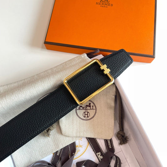 TUBE H BELT GOLD BUCKLE & REVERSIBLE BLACK LEATHER STRAP 38MM - 30