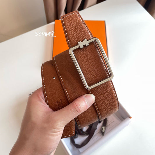 TUBE H BELT BUCKLE & REVERSIBLE BLACK AND CINNAMON BROWN LEATHER STRAP 38MM SILVER HARDWARE - 30