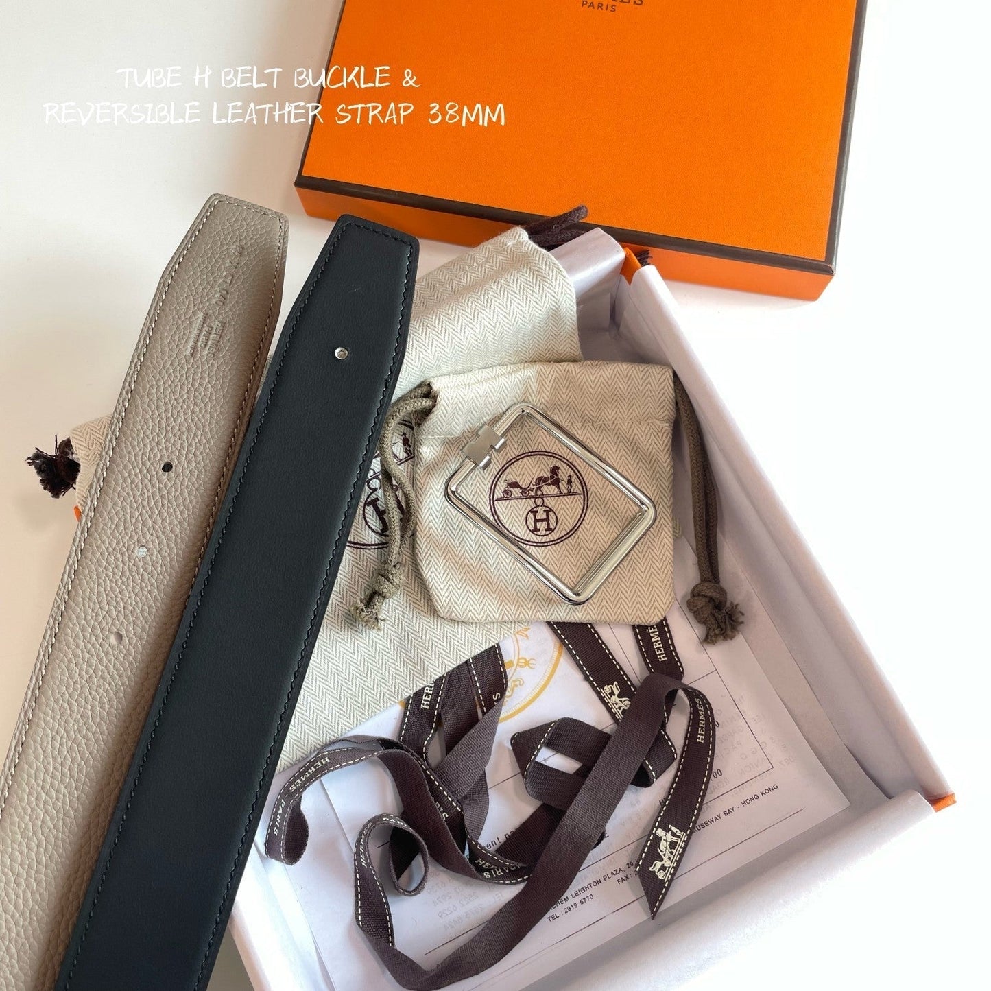 TUBE H BELT BUCKLE & REVERSIBLE KHAKI BROWN AND BLACK LEATHER STRAP 38MM SILVER HARDWARE - 30