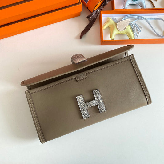 JIGE ELAN 29 CLUTCH IN CHOCOLATE BROWN CALFSKIN WITH WHTE LIZARD SKIN