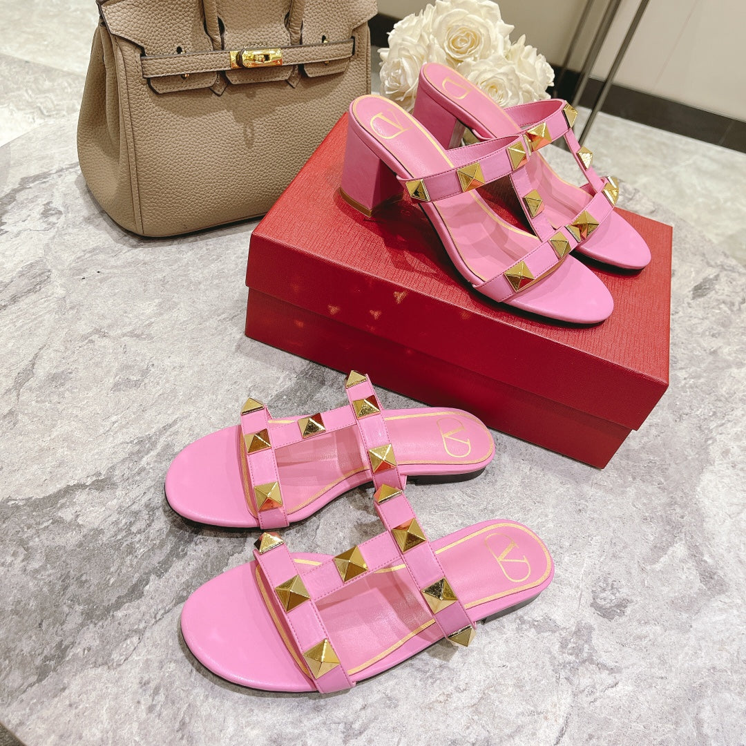 ROMAN STUD BRIGHT PINK CALFSKIN SLIDE SANDAL 60 MM - 34