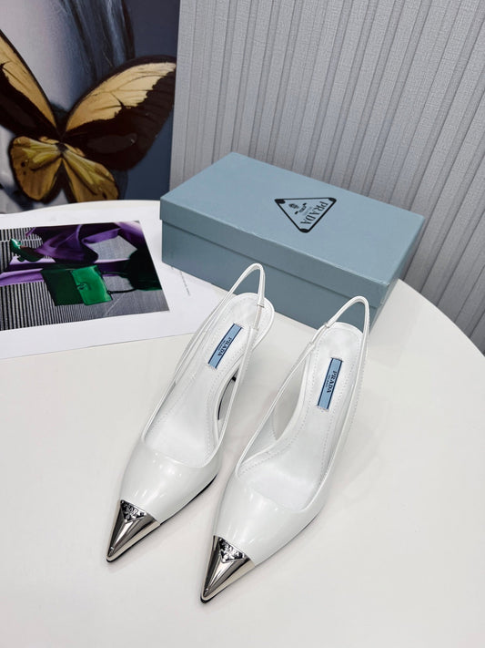 PRADA 26S SLINGBACK HEELS 95MM IN WHITE METAL TIP CALFSKIN