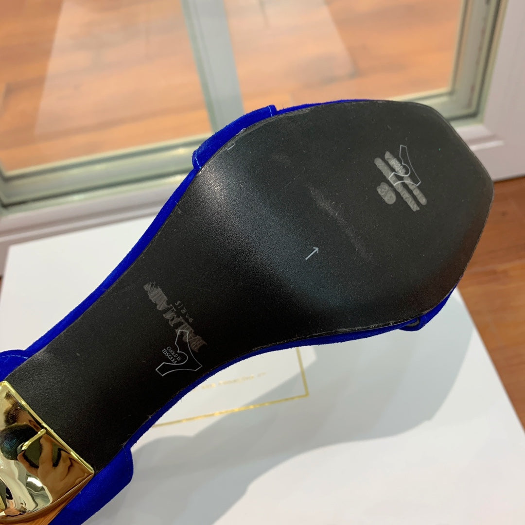 BALMAIN 25S THIN STRAP HIGH HEELS 105MM IN DARK BLUE SUEDE GOLD HARDWARE - 36
