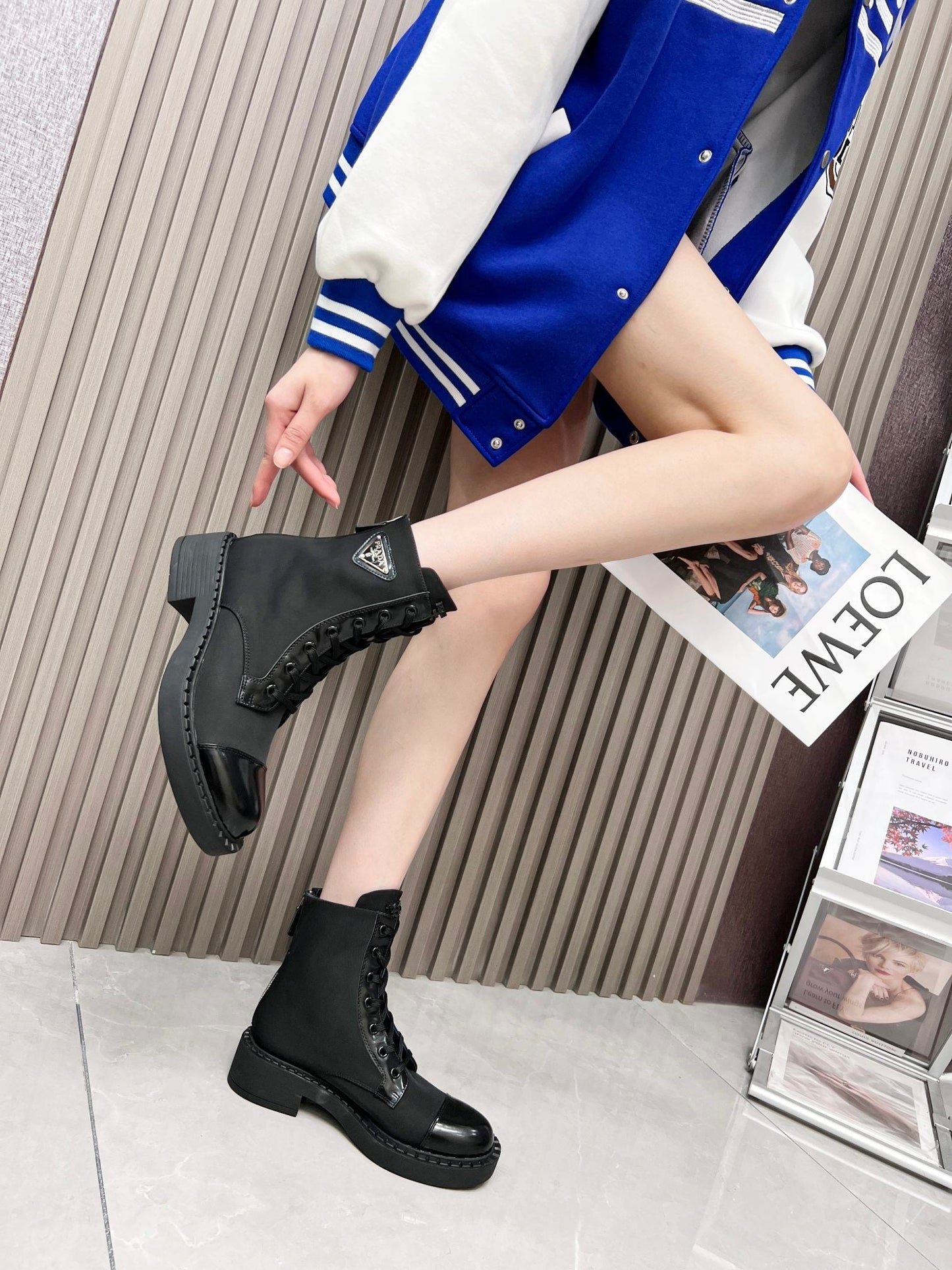 LACE-UP ANKLE BOOTS IN BLACK DENIM AND SHEEPSKIN LINING - 35