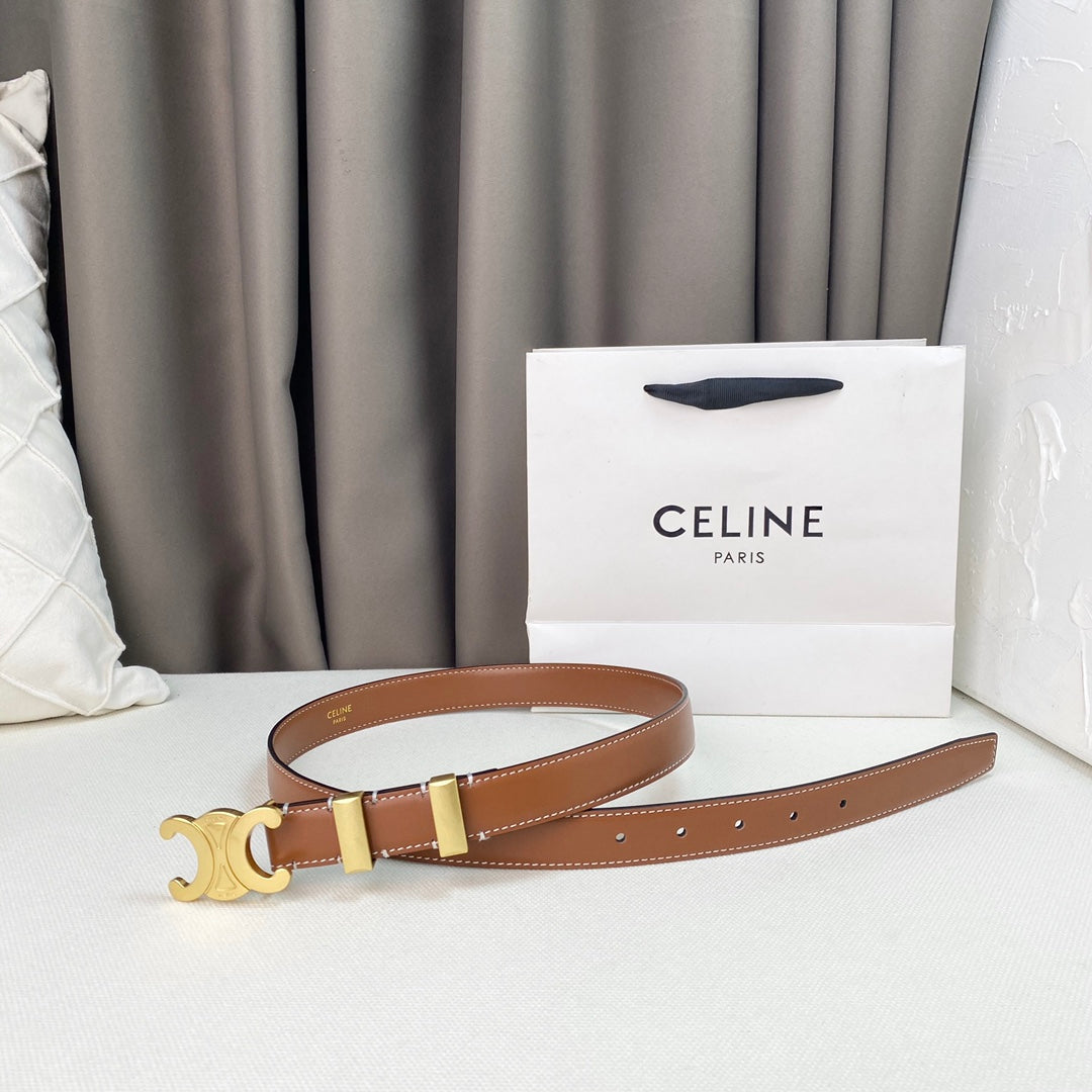 Medium Triomphe Belt 25mm Tan Calfskin Gold Loop Ghw - 30