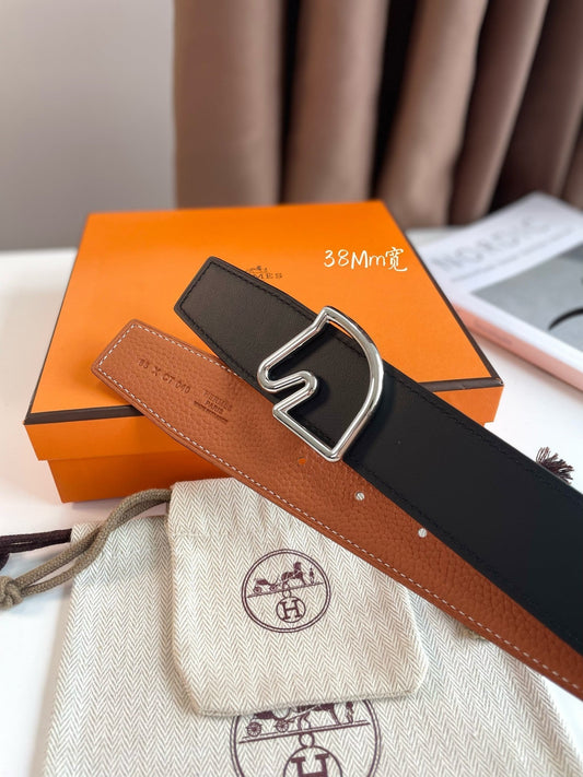 BOUCLE BELT BUCKLE & REVERSIBLE GINGER ORANGE AND BLACK LEATHER STRAP 38MM SILVER HARDWARE - 30