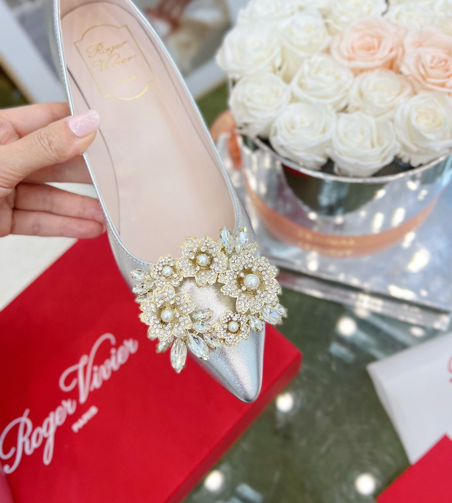 EFFLORESCENCE POINTED-TOE PUMPS IN SILVER SATIN WITH CRYSTAL BUCKLE - 35