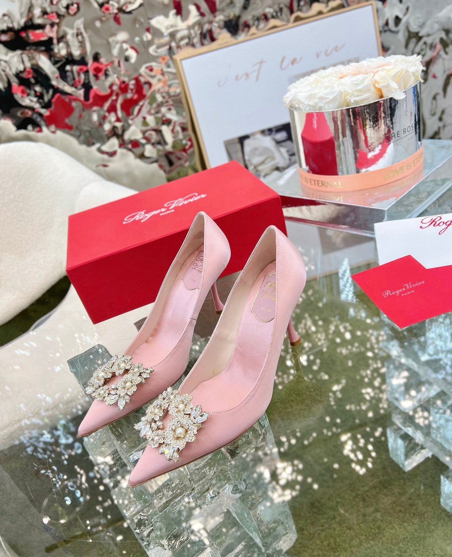 EFFLORESCENCE POINTED-TOE PUMPS IN YOUR PINK SATIN WITH CRYSTAL BUCKLE - 35