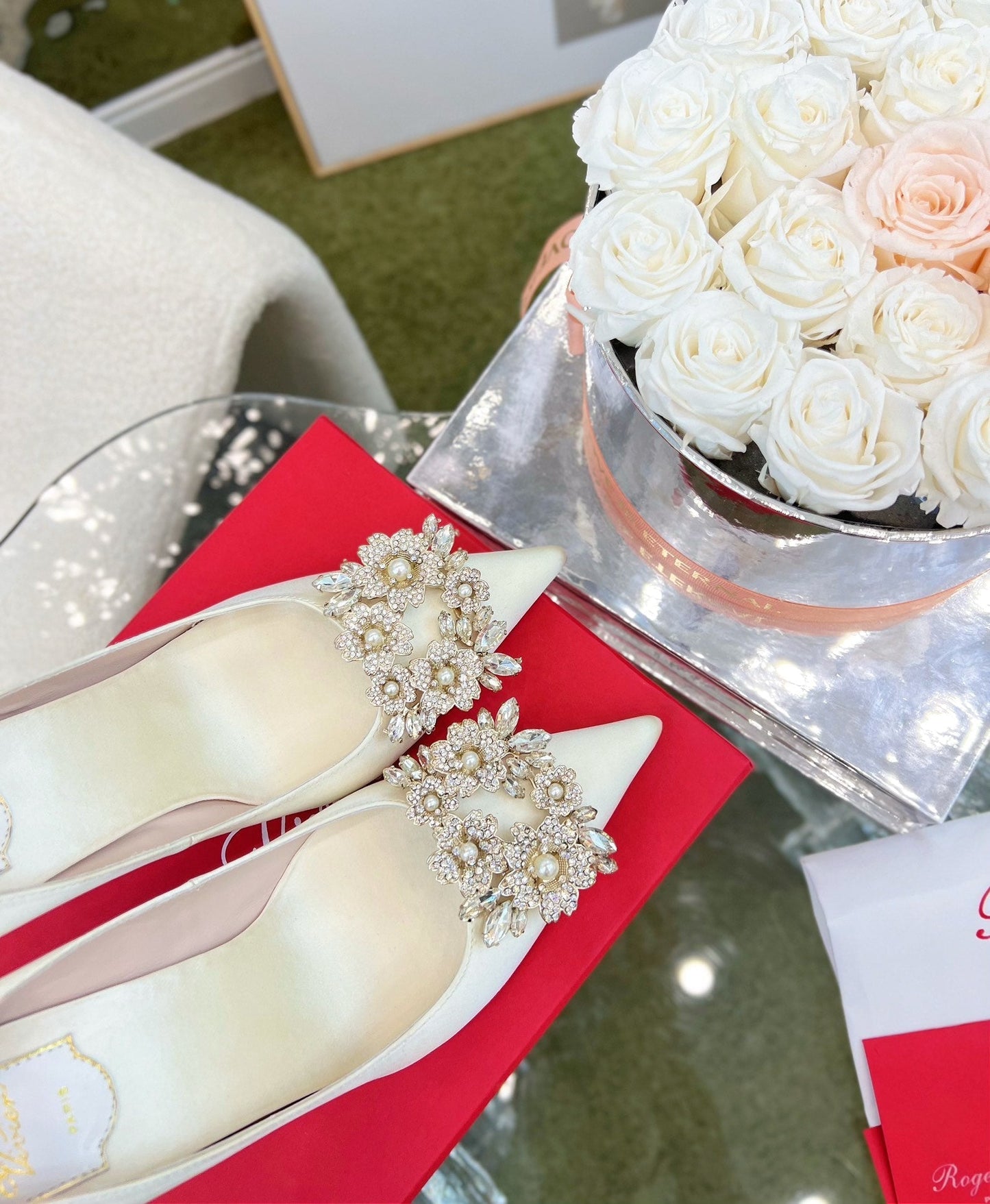 EFFLORESCENCE POINTED-TOE PUMPS IN WHITE SATIN WITH CRYSTAL BUCKLE - 35