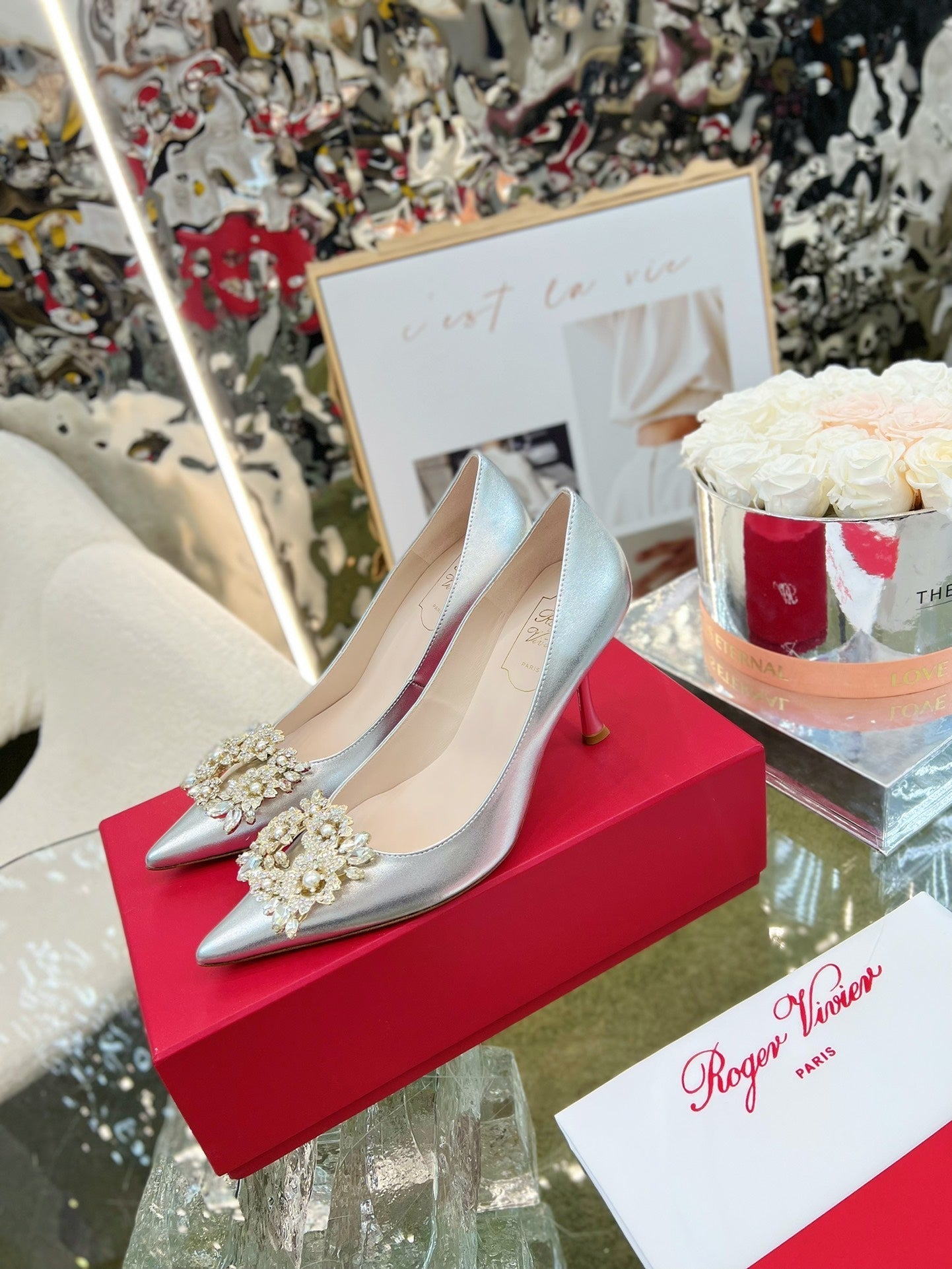 EFFLORESCENCE POINTED-TOE PUMPS 85MM IN SILVER SATIN WITH CRYSTAL BUCKLE - 35