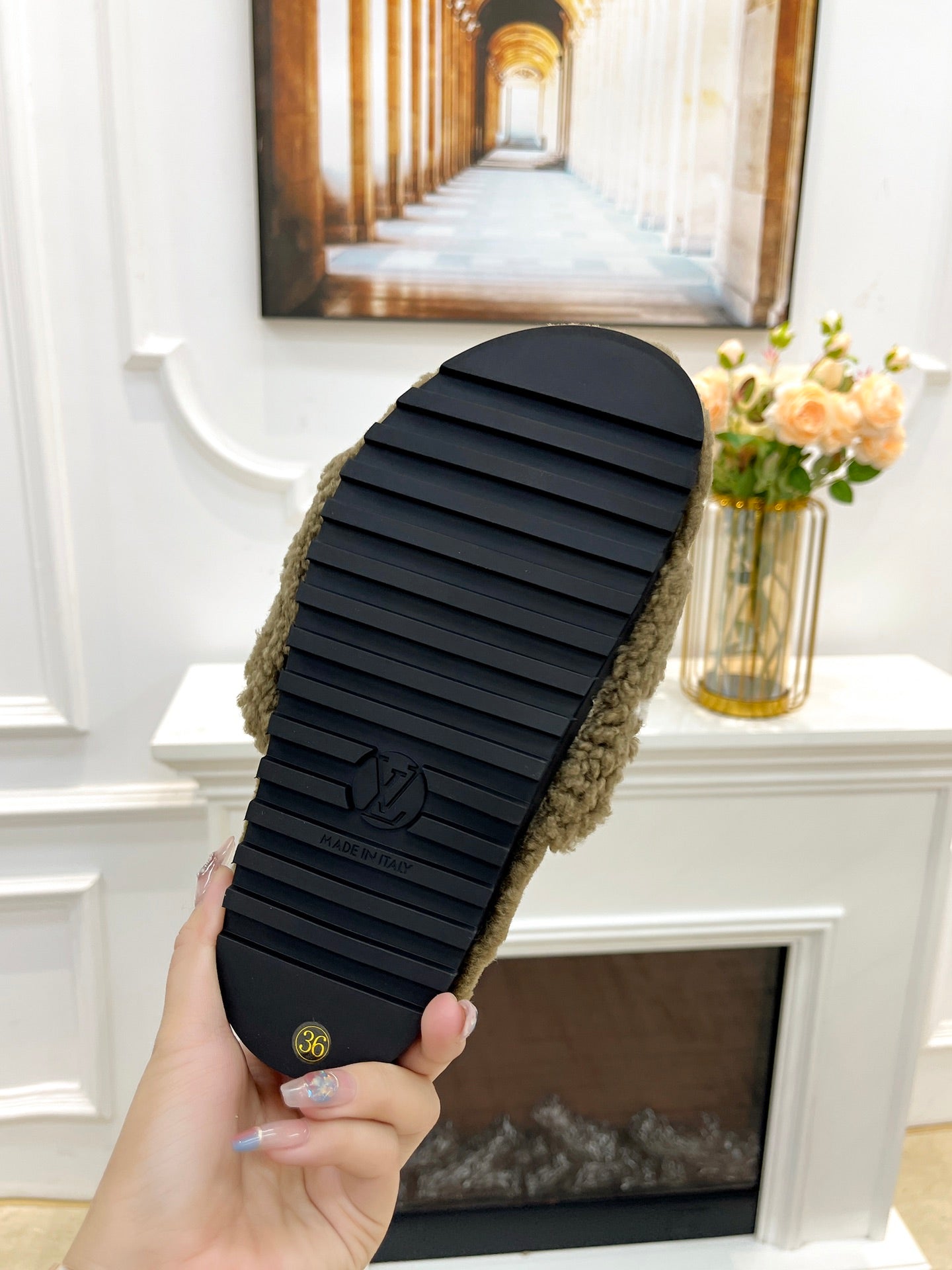 LV FLAT SLIPPER IN ARMY GREEN MIX WHITE SHEARLING - 35