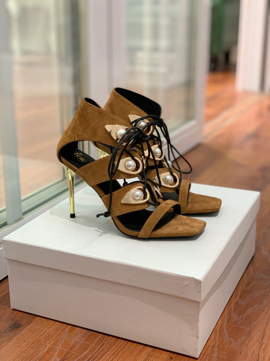 BALMAIN 25S ТУФЛІ НА ВИСОКИХ ПІДБОРАХ 95 ММ З ТЕМНО-КОРИЧНЕВОЇ ЗАМШІ З ПЕРЛАМИ - 36