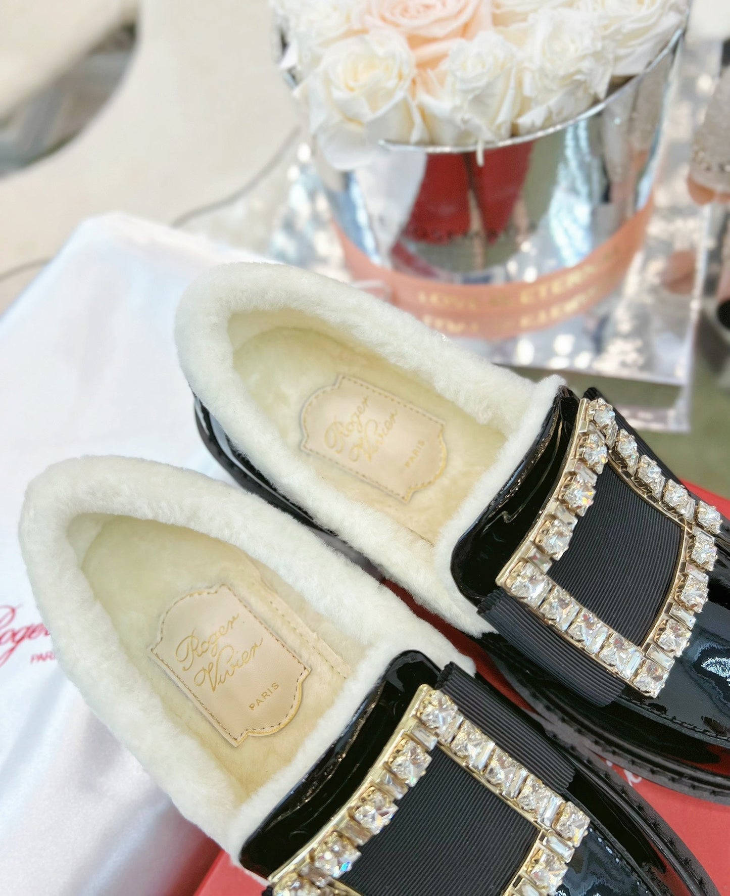 VIV' RANGERS LOAFERS IN BLACK PATENT CALFSKIN FLEECE LINING CRYSTAL BUCKLE - 35