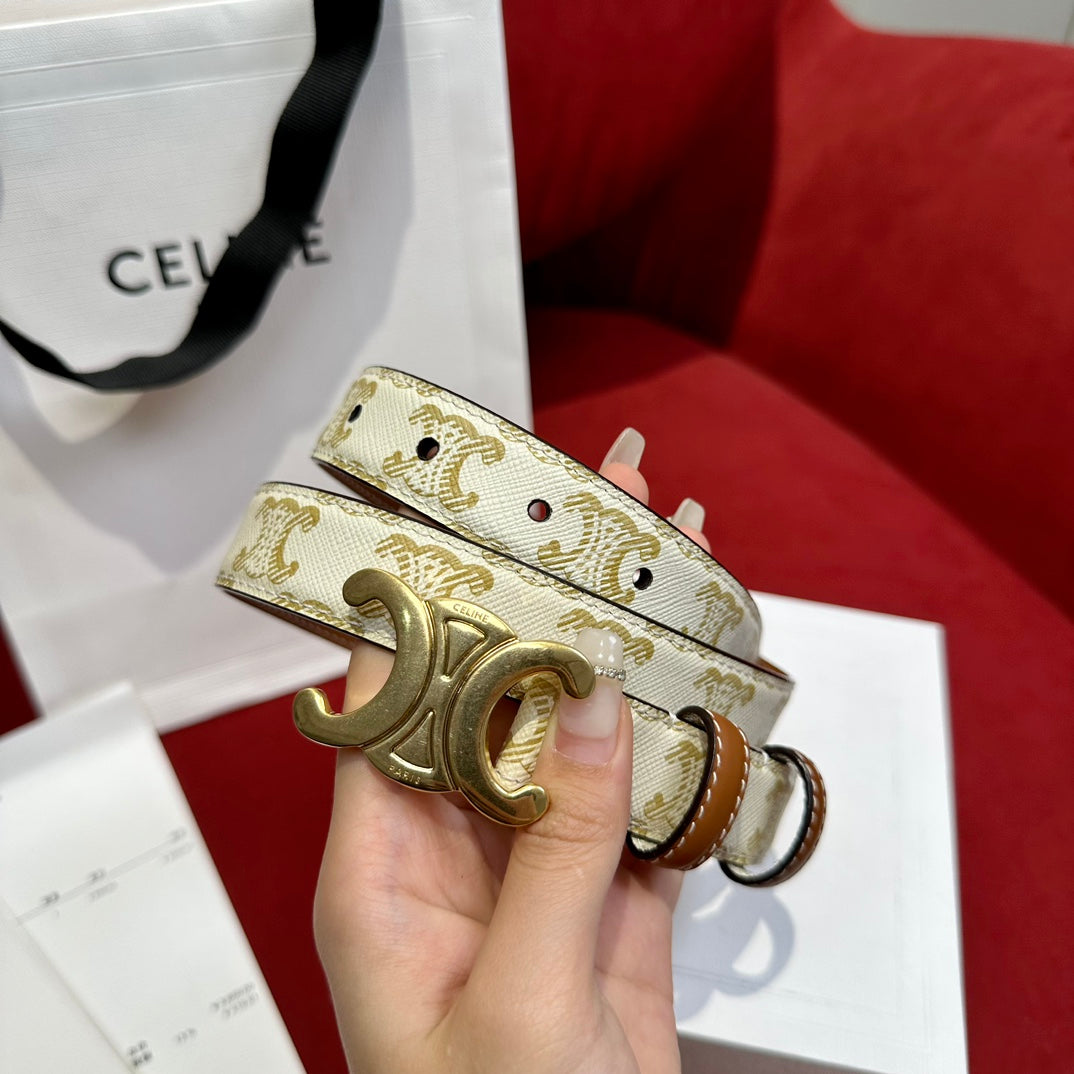 TRIOMPHE BELT 25MM REVERSIBLE IN WHITE LOGO-PRINT AND BROWN CALFSKIN WITH GOLD BUCKLE - 30