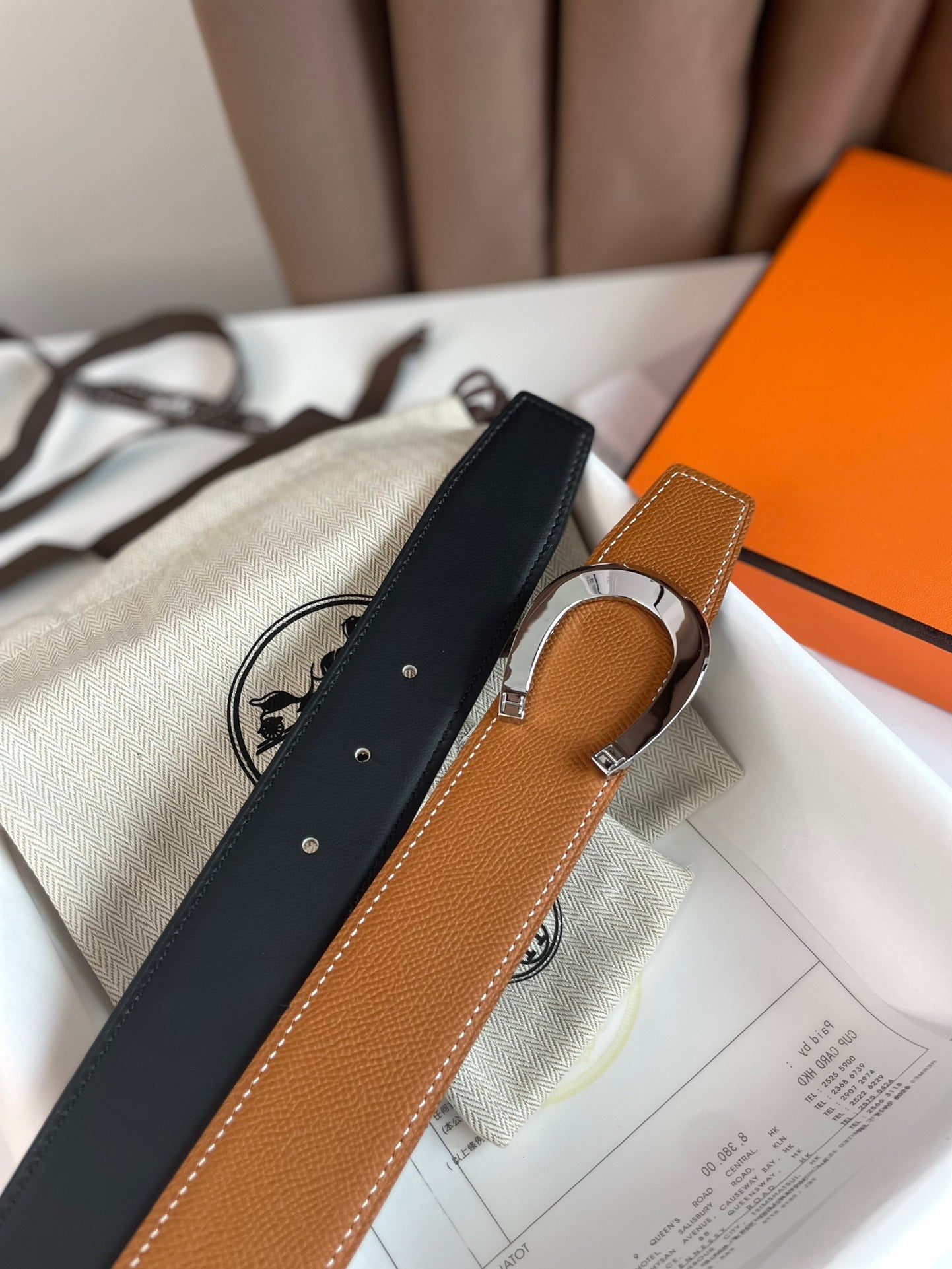 LUCK BELT BUCKLE & REVERSIBLE GINGER ORANGE AND BLACK LEATHER STRAP 38MM SILVER HARDWARE - 30