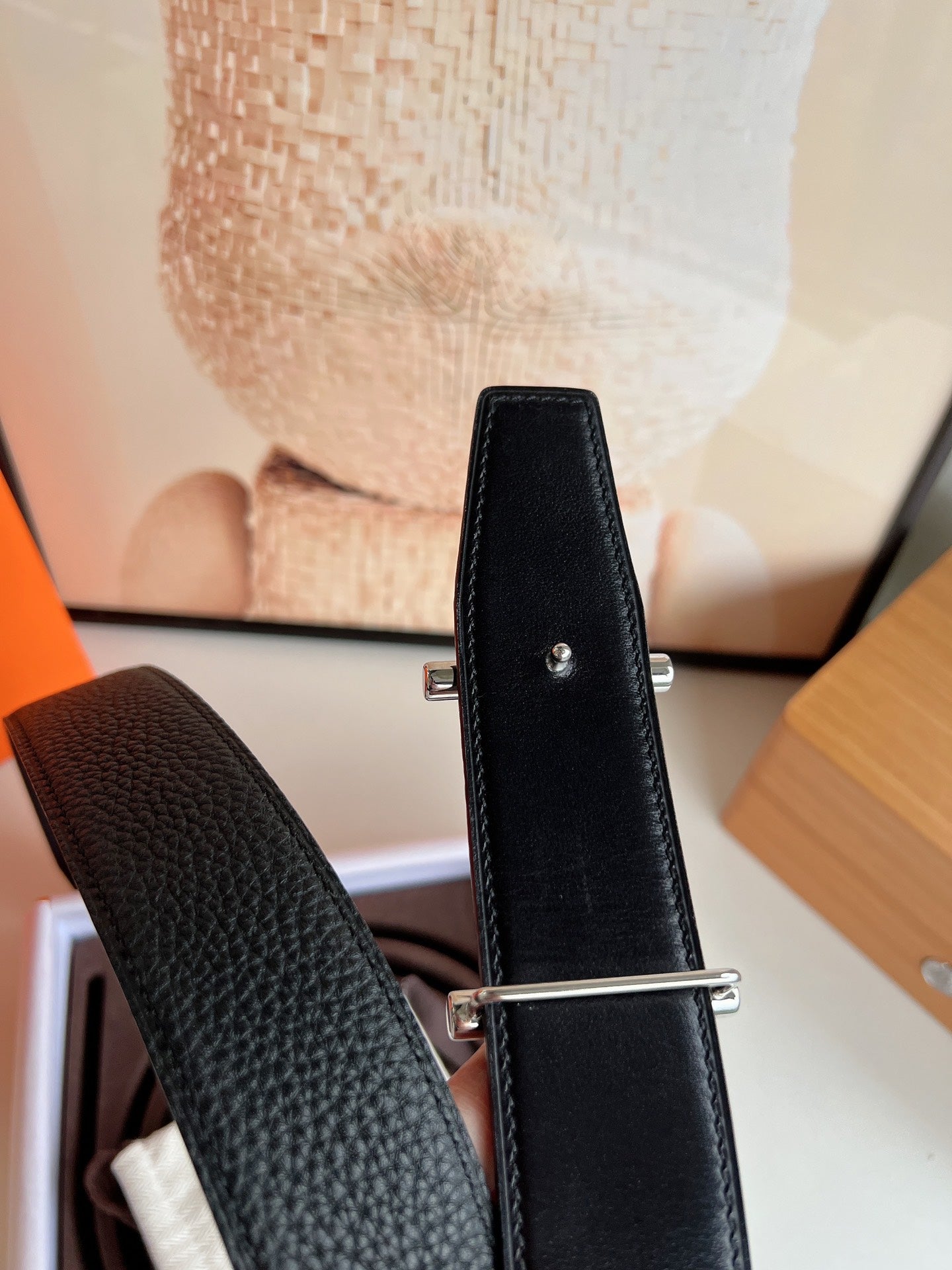 HM H D'ANCRE BELT BUCKLE & REVERSIBLE BLACK LEATHER STRAP 38 MM SILVER HARDWARE - 30