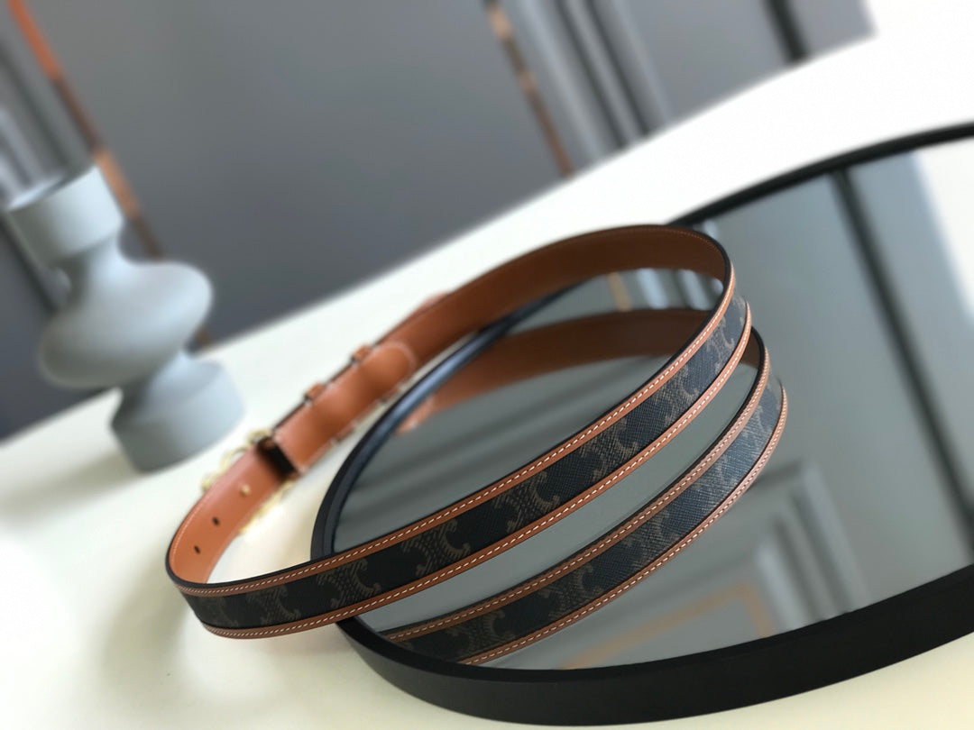 CELINE 25S BELT TRIOMPHE 25MM IN BROWN CALFSKIN AND CANVAS 559678 - 26 - 28