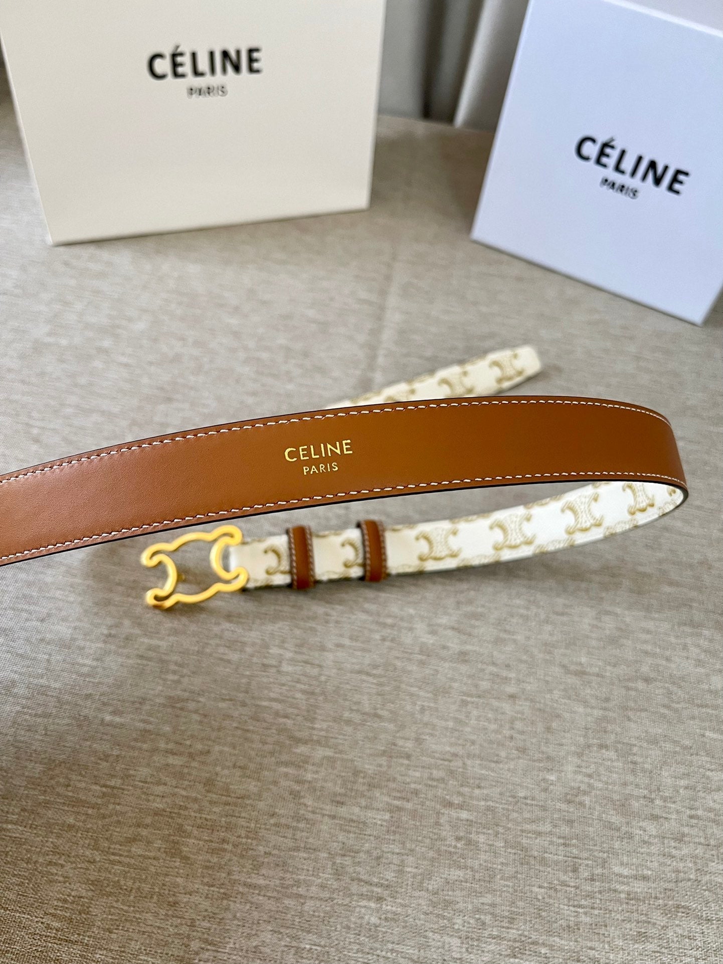 CL logo Cut-out Belt 25mm White Tan Triomphe Canvas Ghw - 30