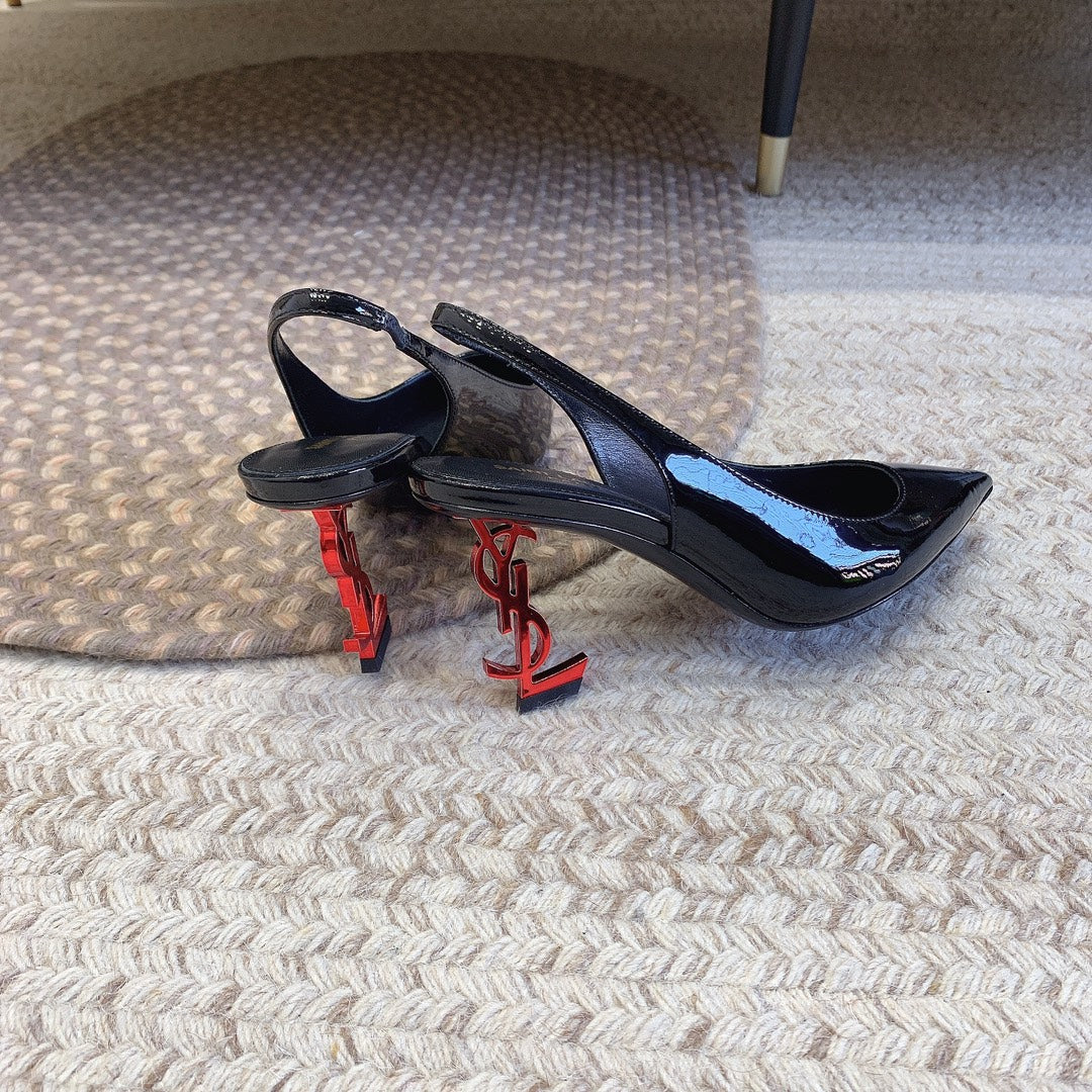 OPYUM RED HEEL SLINGBACK PUMPS IN BLACK GLOSSY CALFSKIN - 34