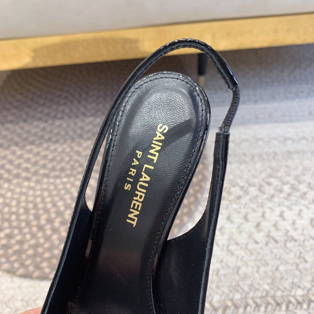 OPYUM SILVER HEEL SLINGBACK PUMPS IN BLACK GLOSSY CALFSKIN - 34