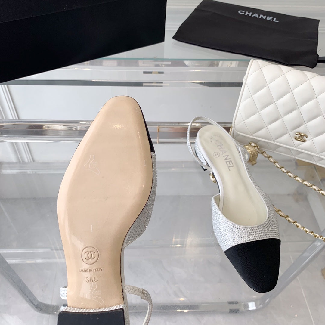 Double CC Rhinestone Slingback Sheepskin White Black - 35