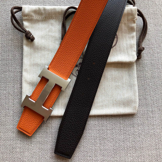 HM BELT BUCKLE & REVERSIBLE BLACK AND ORANGE LEATHER STRAP 38MM SILVER HARDWARE - 30